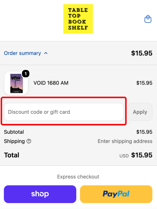 Where to enter Tabletop Bookshelf promo code How to use Tabletop Bookshelf promo code