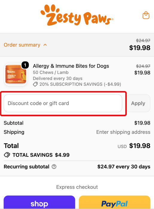 How to use Zesty Paws promo code