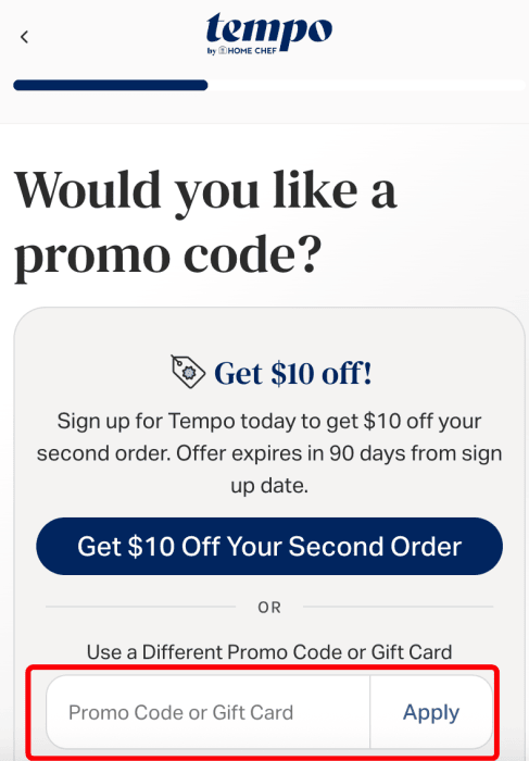 Where to enter Tempo Meals promo code How to use Tempo Meals promo code