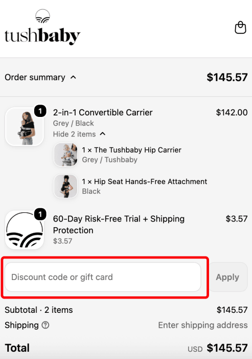 Where to enter Tushbaby promo code How to use Tushbaby promo code
