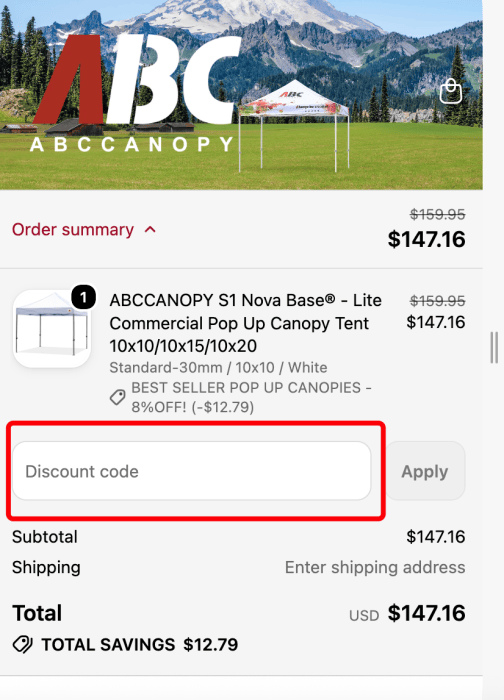 Where to enter ABCCANOPY promo code How to use ABCCANOPY promo code