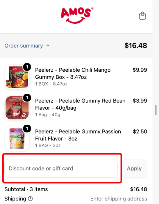 Where to enter Amos Sweets promo code How to use Amos Sweets promo code