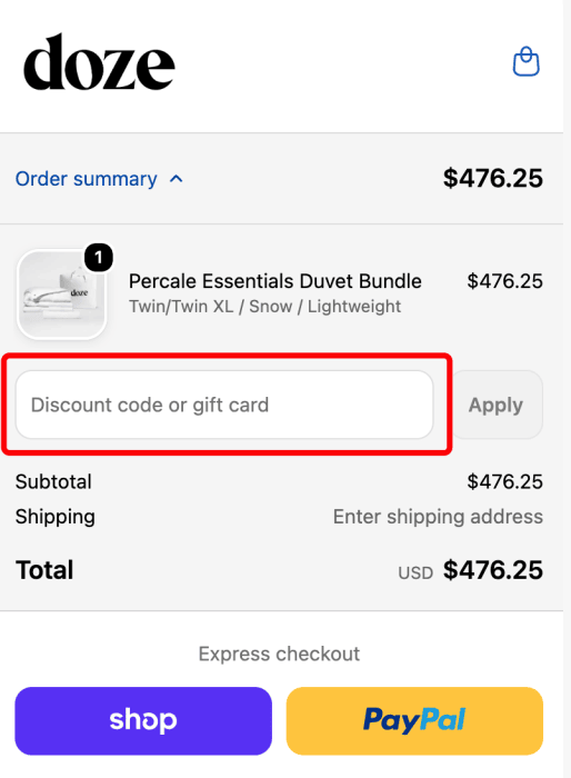 Where to enter Doze Bedding promo code How to use Doze Bedding promo code