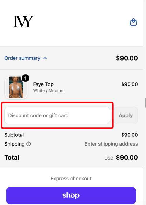 Where to enter IVY Swimwear promo code How to use IVY Swimwear promo code