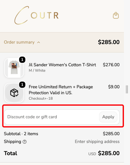 Where to enter COUTR promo code How to use COUTR promo code