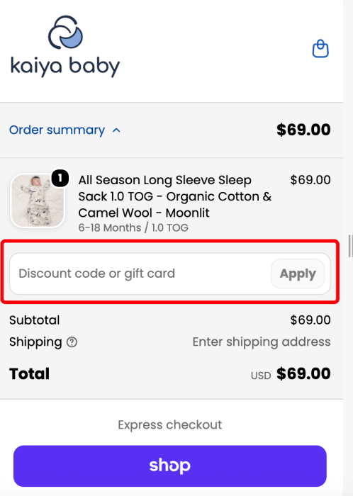 Where to enter Kaiya Baby promo code How to use Kaiya Baby promo code