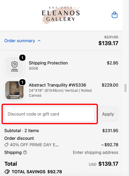 How to use Eleanos Gallery promo code