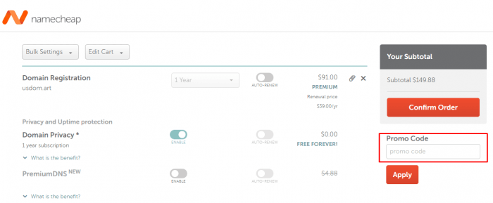 Where to enter Namecheap promo code How to use Namecheap promo code