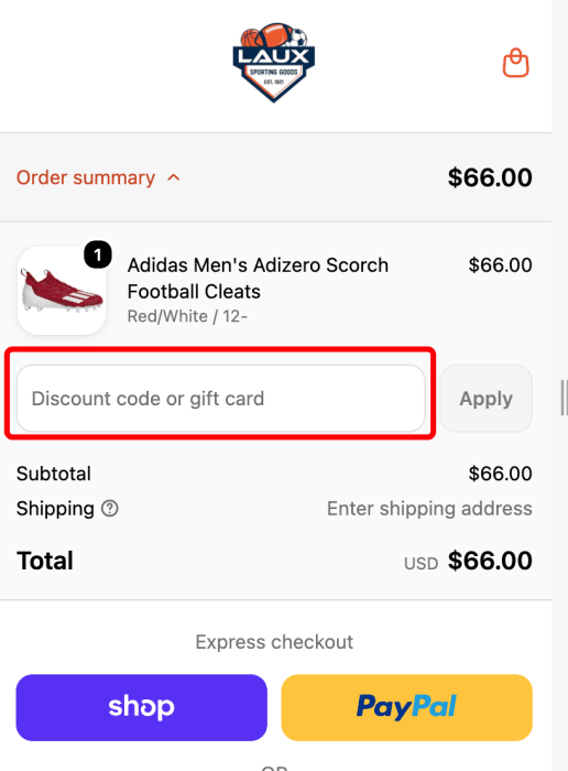Where to enter Laux Sporting Goods promo code How to use Laux Sporting Goods promo code