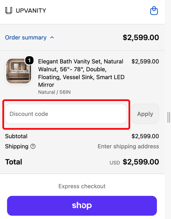 Where to enter UpVanity promo code How to use UpVanity promo code