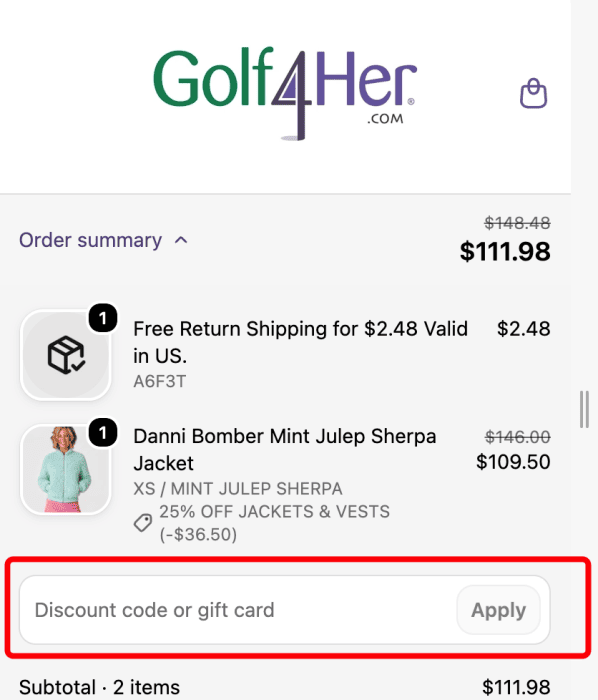 Where to enter Golf4Her promo code How to use Golf4Her promo code