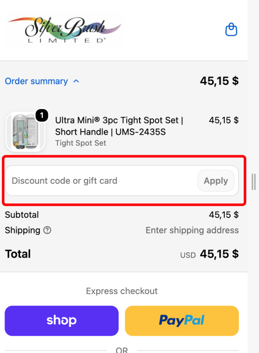 Where to enter Silver Brush Limited promo code How to use Silver Brush Limited promo code