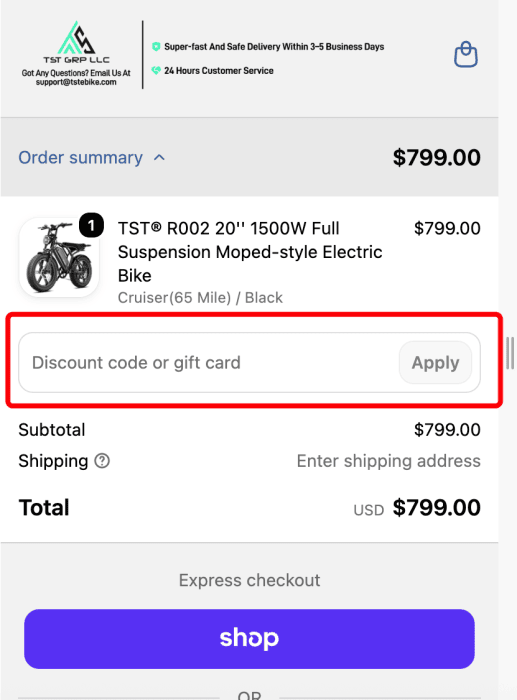 Where to enter TST Ebike promo code How to use TST Ebike promo code