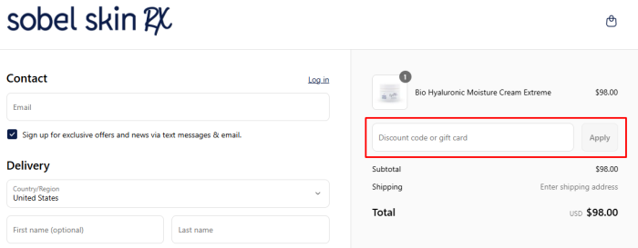 How to use SOBEL SKIN Rx promo code