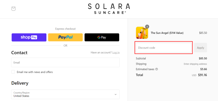How to use Solara Suncare promo code