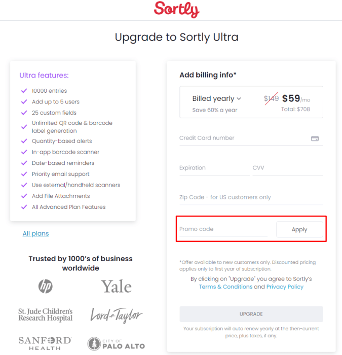 How to use Sortly promo code