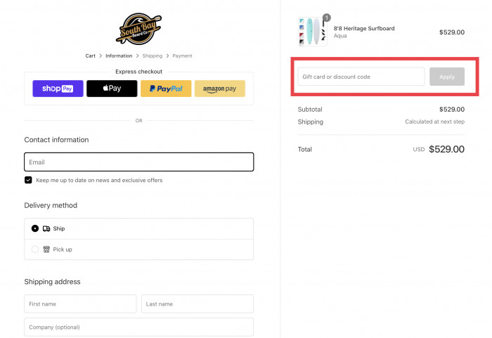 How to apply discount code at South Bay Board Co.
