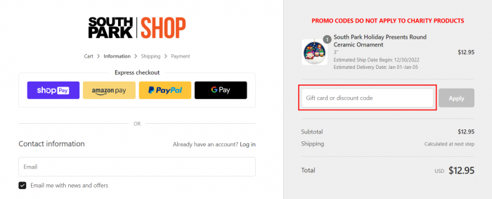 How to use South Park Shop promo code