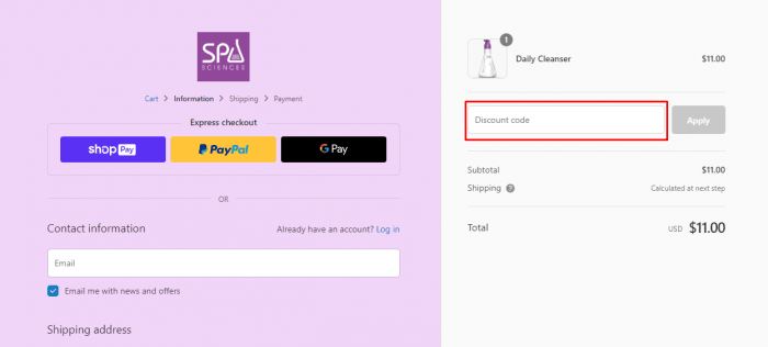 How to use Spa Sciences promo code