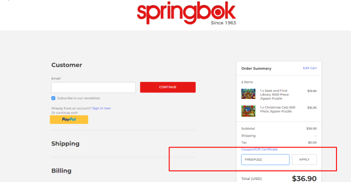 How to use Springbok Puzzles promo code