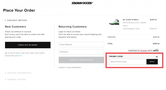 How to apply promo code at Stadium Goods