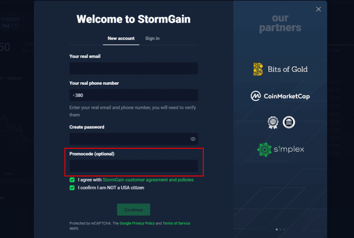 how to apply promo code at StormGain 