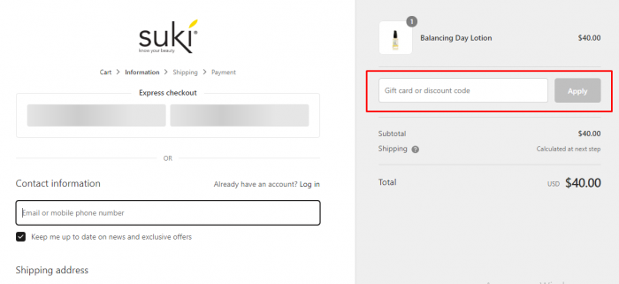 how to apply discount code at Suki 