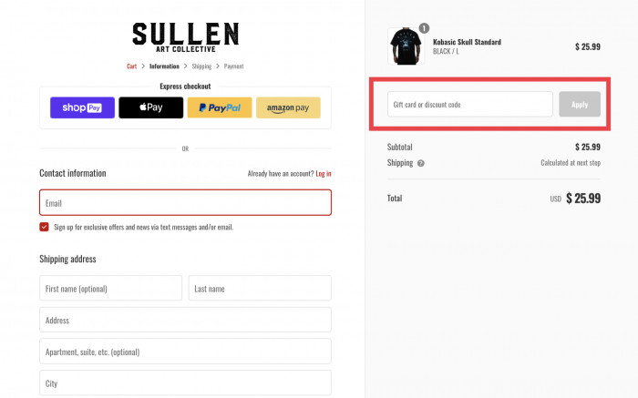 How to apply discount code at Sullen Clothing