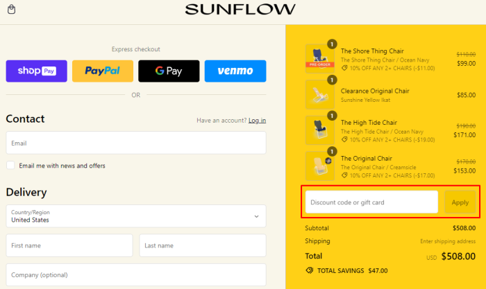 How to use SUNFLOW promo code