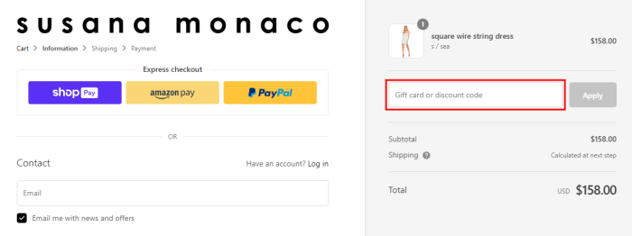 How to use Susana Monaco promo code