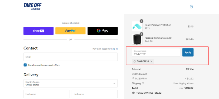 How to use Take OFF Luggage promo code