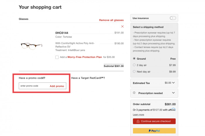 How to use promo code at Target Optical