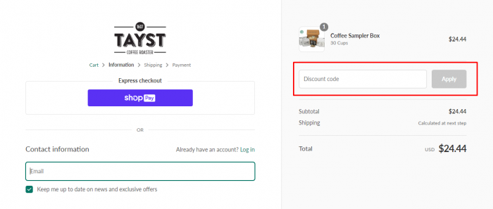 how to apply a discount code at Tayst Coffee Roaster