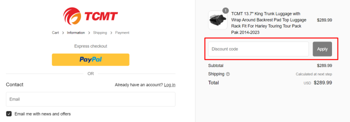 How to use TCMT promo code