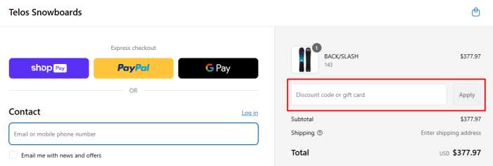 How to use Telos Snowboards promo code