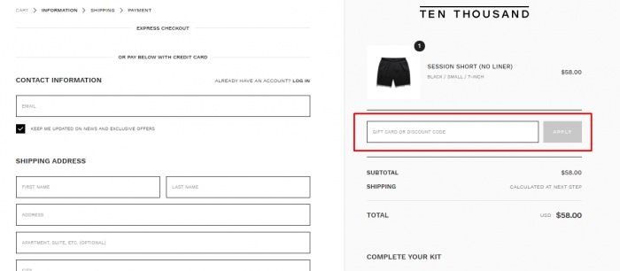 how to apply discount code at Ten Thousand