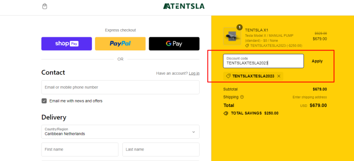 How to use Tentsla promo code