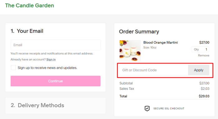 How to use The Candle Garden promo code