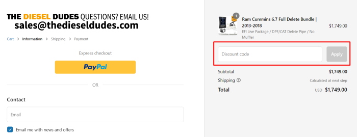 How to use The Diesel Dudes promo code