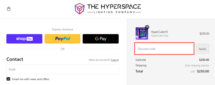 How to use The Hyperspace Lighting Company promo code
