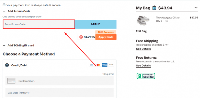 How to use TOMS promo code