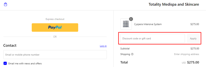 How to use Totality Skin promo code