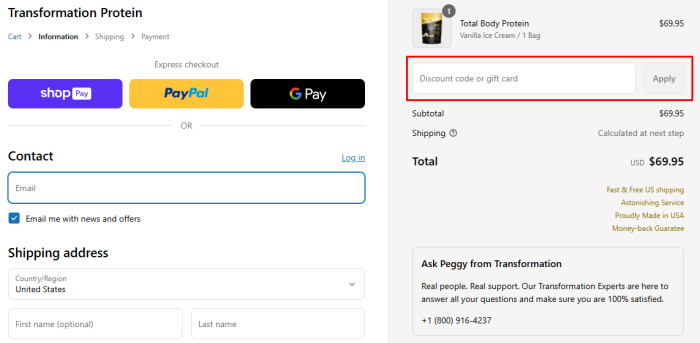 How to use Transformation Protein promo code