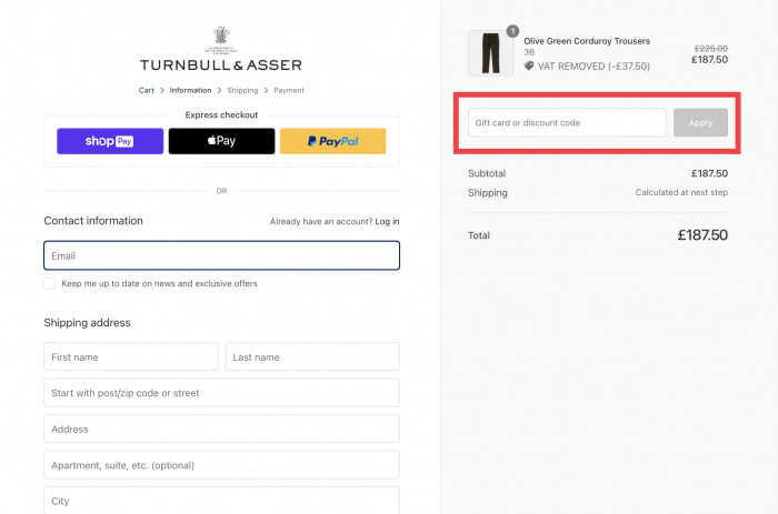 How to apply discount code at Turnbull & Asser