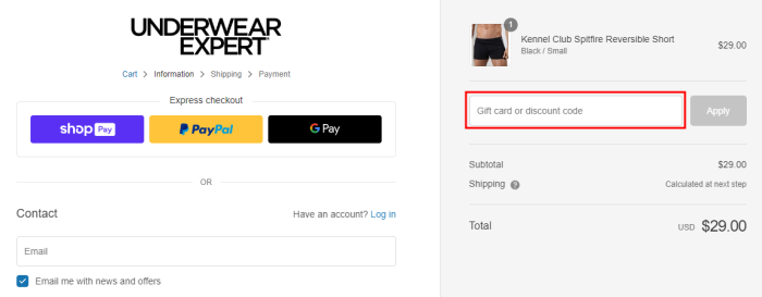 How to use Underwear Expert promo code