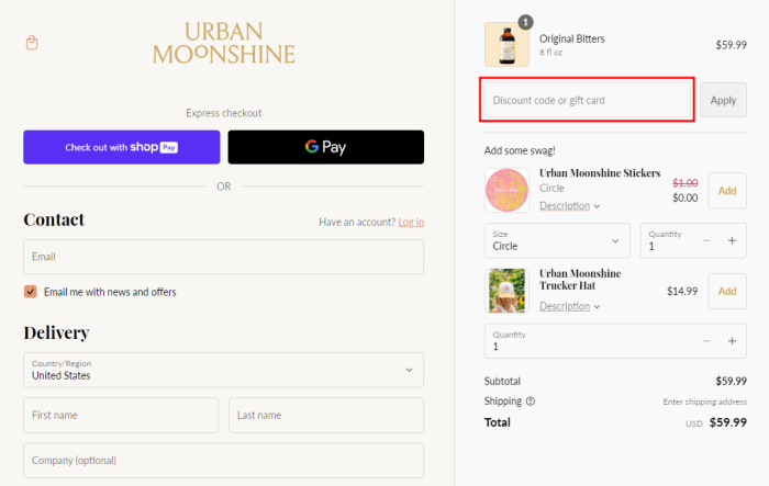 How to use Urban Moonshine promo code