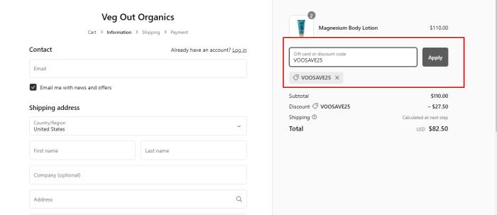 How to use Vegout Organics promo code