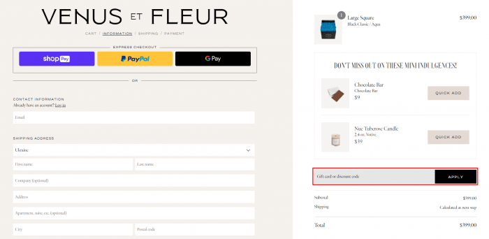 How to use VENUS ET FLEUR promo code