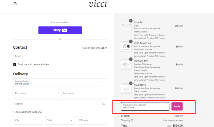 How to use Vicci promo code