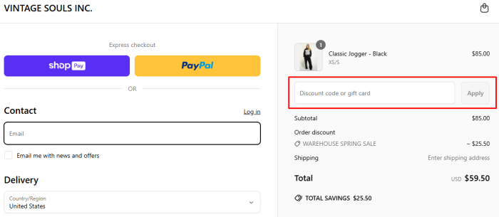 How to use Vintage Souls INC promo code